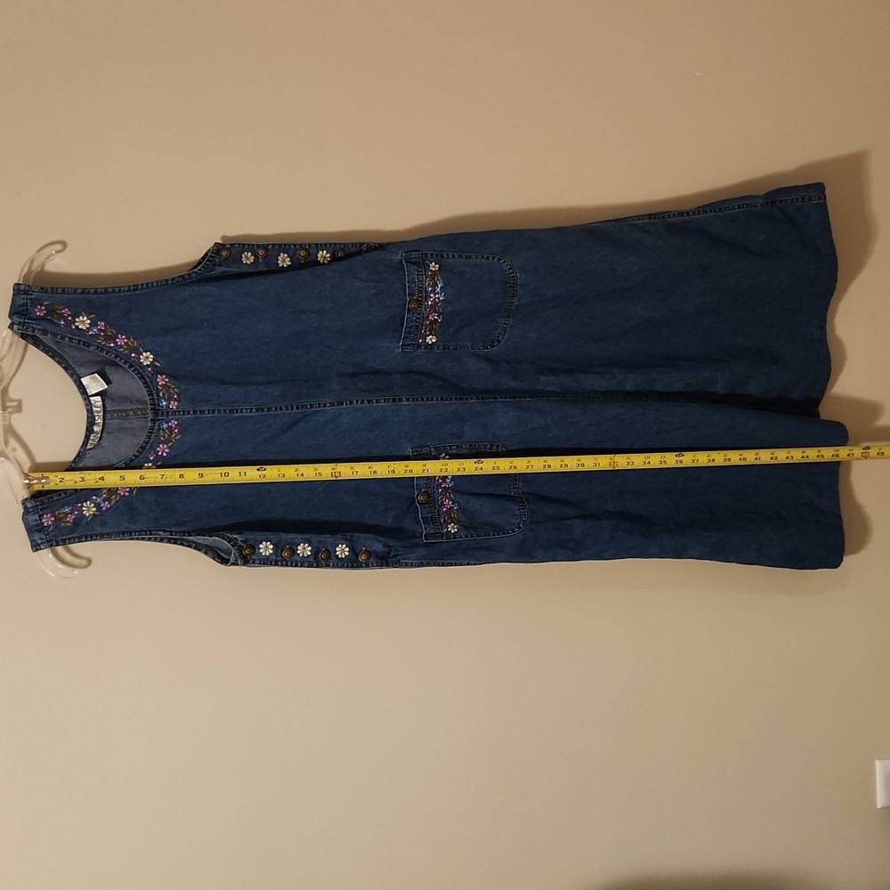 Jane Ashley Womens Vintage Denim Dress M Maxi w Floral Embridered Neck Pockets - Picture 7 of 12